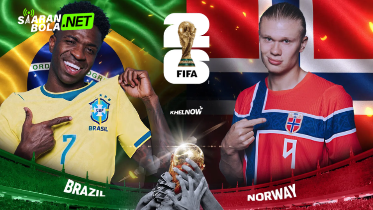 Poster pertandingan Brasil vs Norwegia Piala Dunia FIFA 2026 menampilkan bendera Brasil dan Norwegia dengan logo FIFA World Cup 2026.