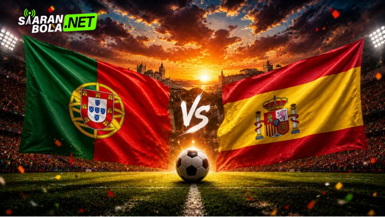 Poster pertandingan Portugal vs Spanyol Piala Dunia FIFA 2026 menampilkan Cristiano Ronaldo dan Lamine Yamal dengan latar bendera Portugal dan Spanyol.