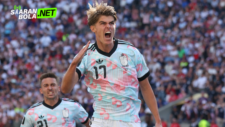 Charles De Ketelaere pemain Atalanta dan timnas Belgia merayakan brace dua golnya ke gawang Amerika Serikat di 16 besar Piala Dunia 2026, performa terbaik kariernya yang diulas di siaranbola