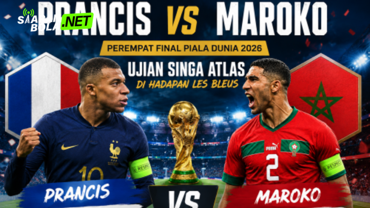 Poster pertandingan Prancis vs Maroko Piala Dunia FIFA 2026 menampilkan logo Federasi Sepak Bola Prancis (FFF) dan Federasi Sepak Bola Kerajaan Maroko (FRMF).