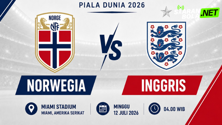 Ilustrasi pertandingan Norwegia vs Inggris dengan bendera kedua negara dan bola sepak menjelang laga internasional pada 12 Juli 2026.