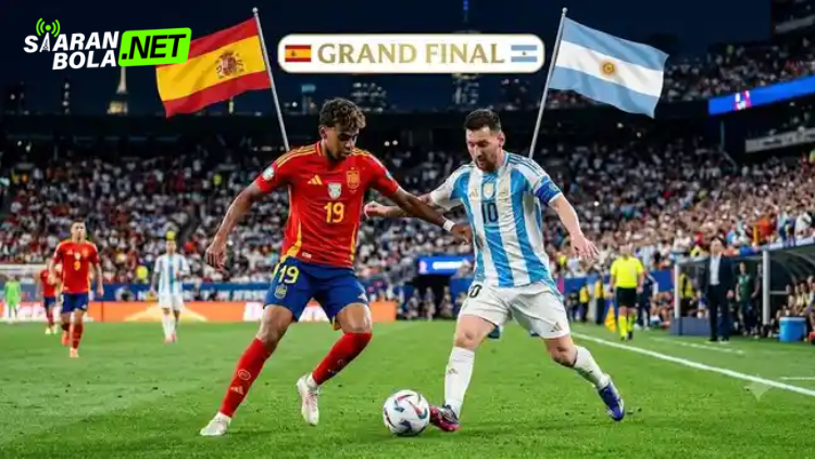 Ilustrasi pertandingan Spanyol vs Argentina di laga grand final dengan Lionel Messi menguasai bola dan pemain Spanyol berusaha merebut bola di depan penonton stadion.