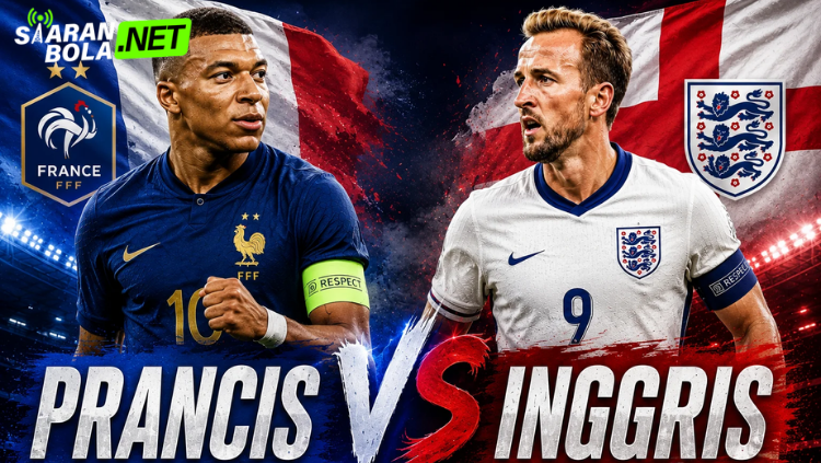 Ilustrasi pertandingan Prancis vs Inggris menampilkan Kylian Mbappé dan Harry Kane dengan latar bendera kedua negara menjelang laga internasional 2026.