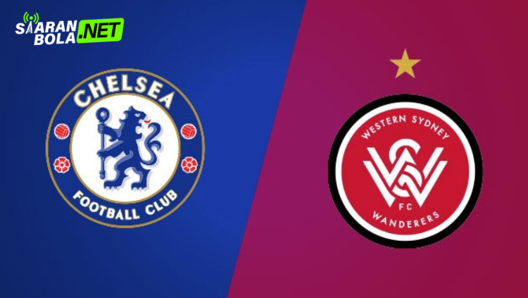 Poster pertandingan Western Sydney Wanderers vs Chelsea yang menampilkan logo kedua klub menjelang laga pramusim sepak bola.