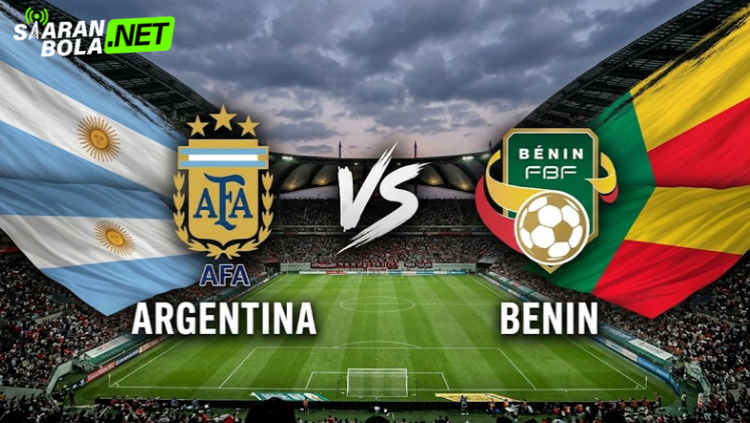 Ilustrasi pertandingan Argentina vs Benin dengan logo dan bendera kedua negara di stadion sepak bola.